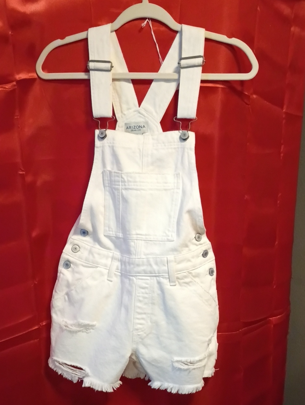 Arizona Jean Company White Denim Short Overalls with Frayed Hem